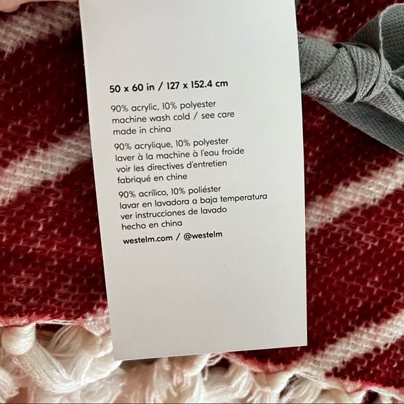 West Elm Red & White Line Pattern Fringe Knit Throw Blanket Size 50” x 60” - Picture 6 of 8